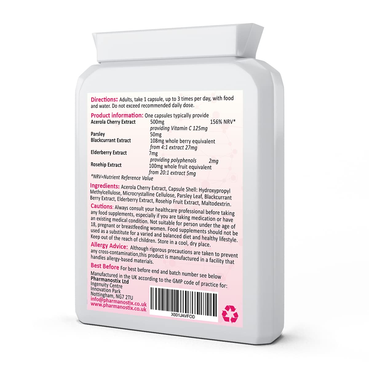 Pharmanostix Natural Food Vitamin C 60 Capsules - Immune Support & Fatigue Reduction - Containing Acerola Cherry, Rosehip, Blackcurrant and Elderberry - Gentle & Non-Acidic - Optimum Absorption - UK Manufactured