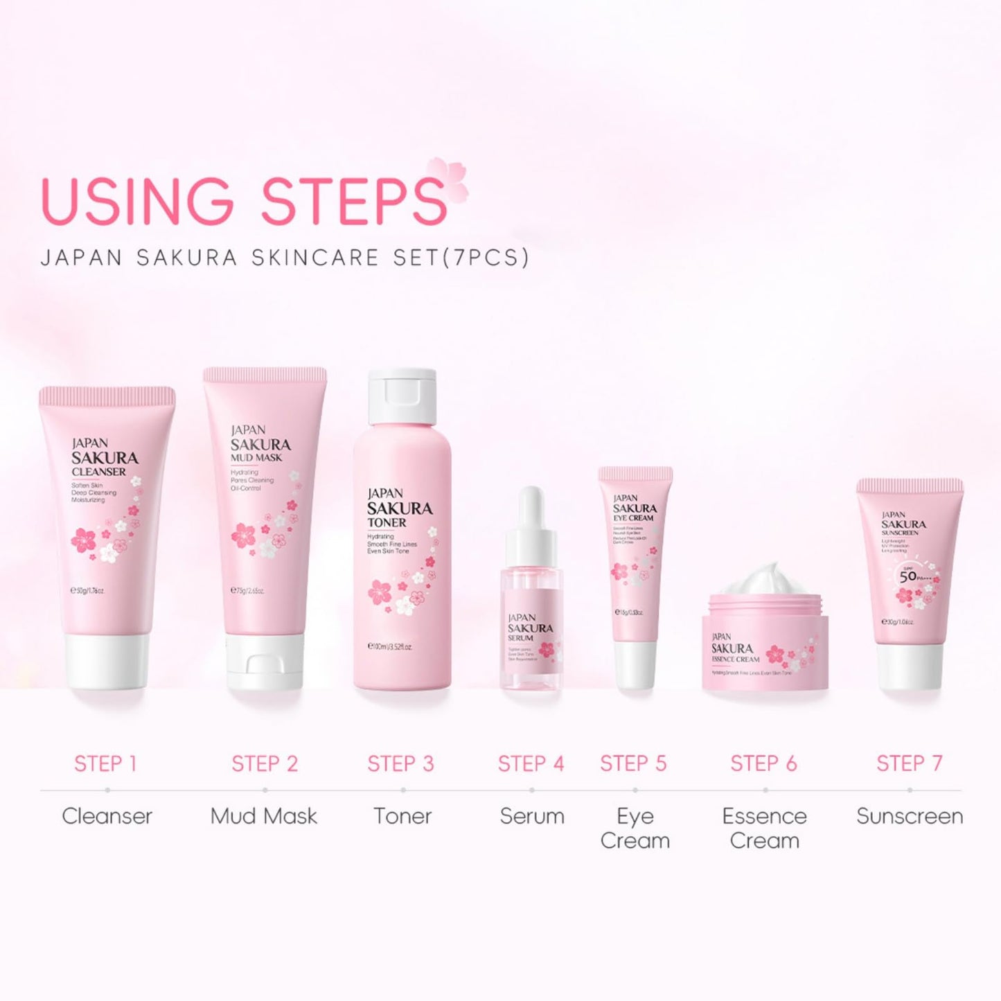 Ingzy Sakura Skin Care Sets & Kits for Teenage Girls, 7 Piece Cherry Blossom Skincare Gift Set with Cleanser, Face Toner, Face Cream, Serum, Eye Cream, Mud Mask, Sunscreen