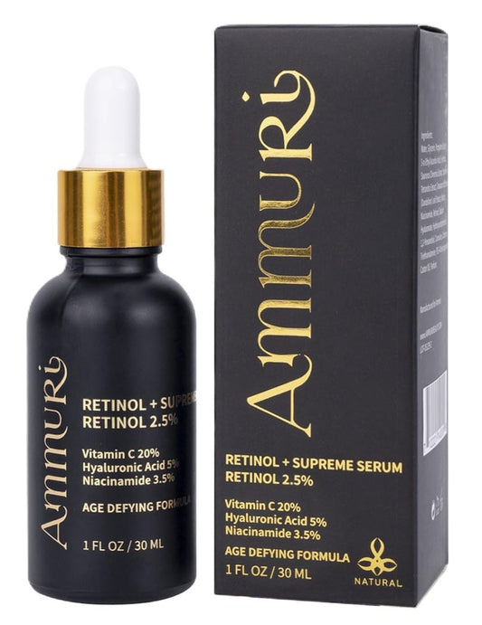 Ammuri Retinol + Supreme Serum 2.5% Vitamin C 20% with Hyaluronic Acid & Vitamin E, Face Serum, for Wrinkles, 5% Niacinamide 3.5% Anti Aging Skin Repair, Supercharged Face Serum