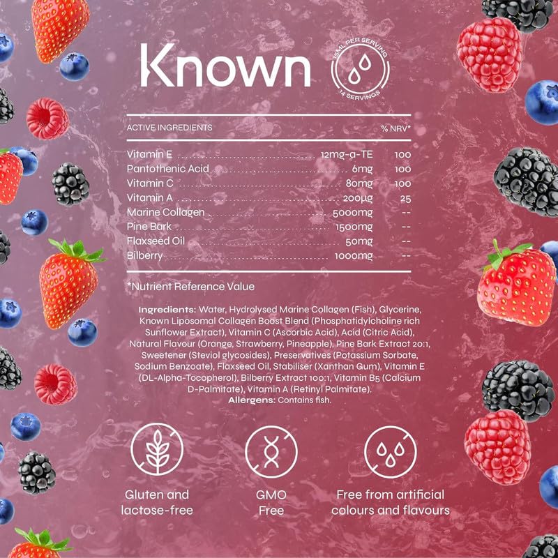 Known Advanced Hydrolysed Marine Collagen Liquid Sachets - 5000mg Collagen, Vitamin A, C - Skin Support - Natural Summer Fruits Flavour - 14 Sachets