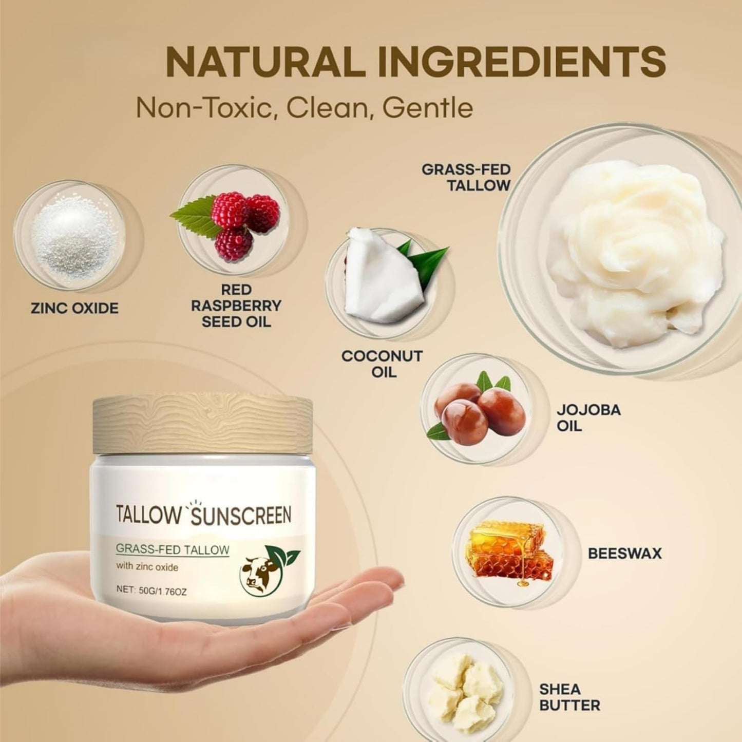 Yoowan Beef Tallow Sunscreen Spf 50,Beef Tallow Face Cream,Tall-Ow Sunscreen,Deeply Nourishing And Moisturizing,Rebuild The Natural Skin Barrier,Instant Sun Protection For Face & Body,Outdoor Daily Defence