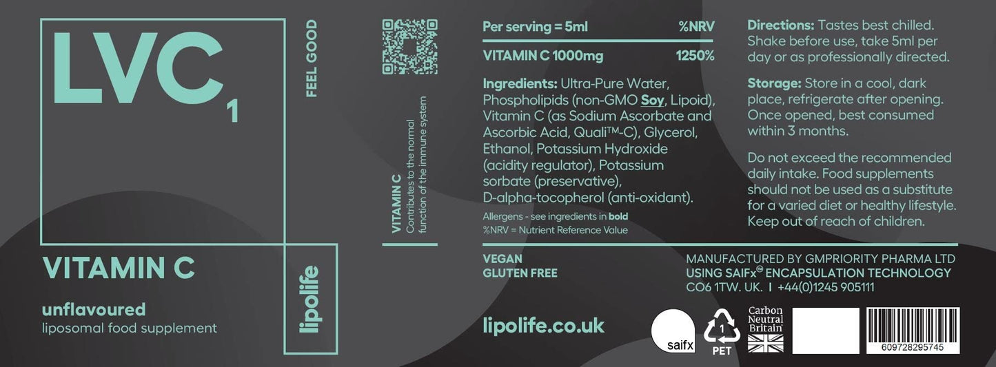 lipolife liposomal high Strength Vitamin C - 48 Servings 1000mg unflavoured. LVC1 Made in UK to GMP Standards. Vegan Gluten-Free (lipolife Gold)