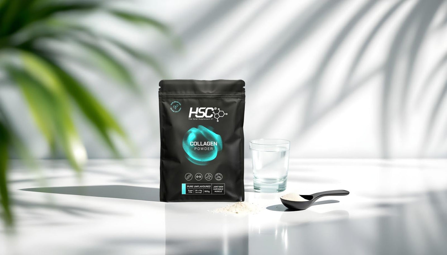 The Halal Supplement Co. - Halal Bovine Collagen Peptides Powder 300g for Hair, Skin, Nails, Joints & Muscles - 100% Grass Fed Hydrolysed Bovine Collagen (Type I & III) for Women and Men