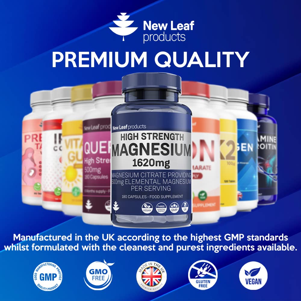 Magnesium Supplements 1620mg - Super Strength - Magnesium Citrate Capsules - (500mg Elemental Vegan Magnesium) Not Magnesium Tablets High Absorption, Bones Muscle & Sleep Support - Made in The UK