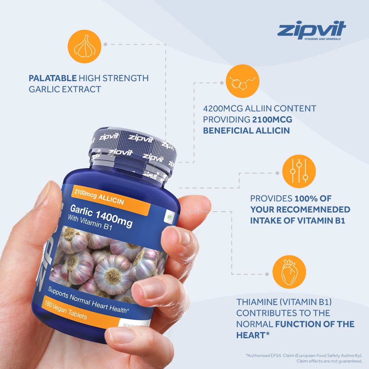 Garlic Tablets 1400mg, 2100mcg Allicin per Tablet with Added Vitamin B1. Supports Heart Health. 180 Vegan Tablets. 6 Months Supply.