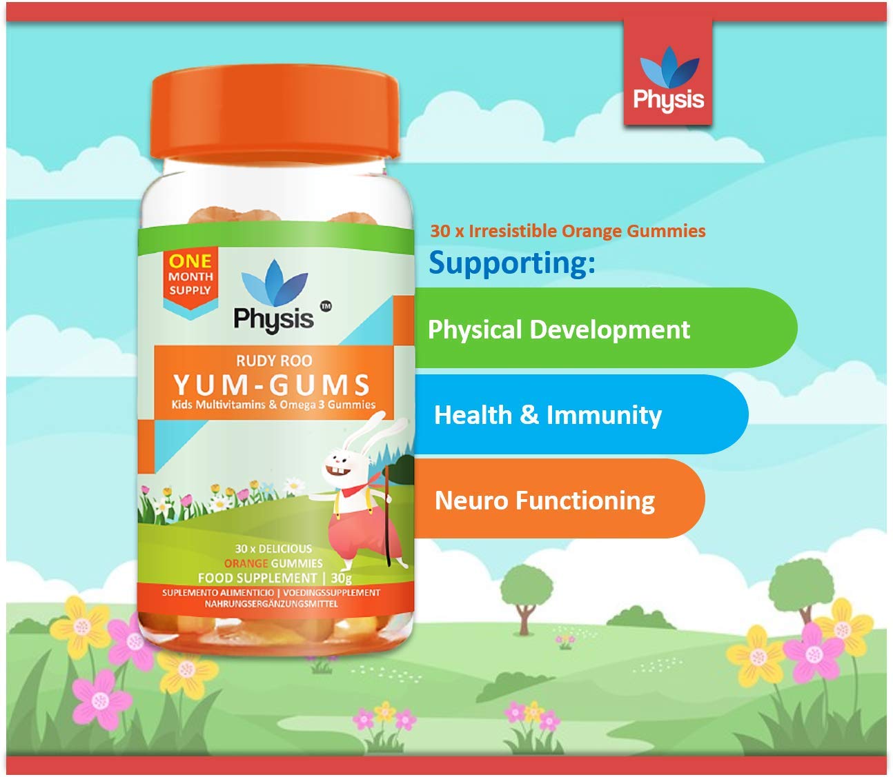 Physis Kids Multivitamin Gummies | Ages 2+ | 30 Orange Flavour Chewable Vitamin with Vitamins C, D, Omega 3 & More | Kids Vitamins Chewies for Cognition, Energy & Support Growth | Children's Vitamins