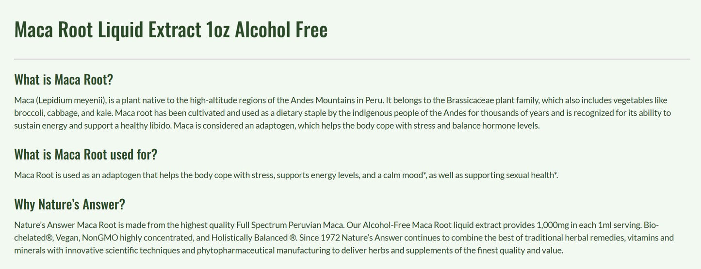 Generic Natural's Answer MacaRoot 1000mg, Gluten-Free, Alcohol-Free, 30 ml