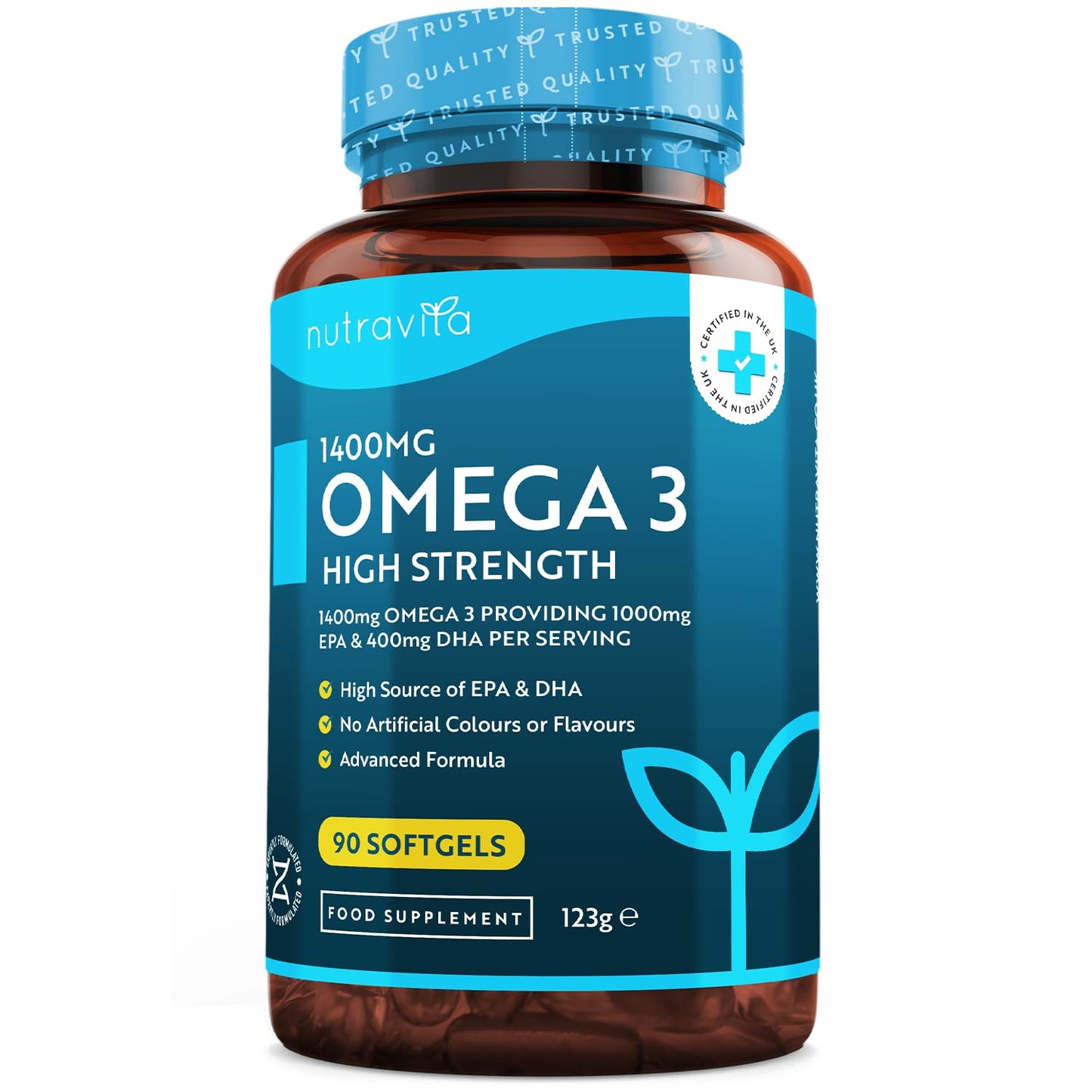 Highest Strength Omega 3 Fish Oil 2000mg - Providing 1000mg EPA & 400mg DHA per Serving - Sustainably Sourced & Contaminant Free - Made in The UK by Nutravita