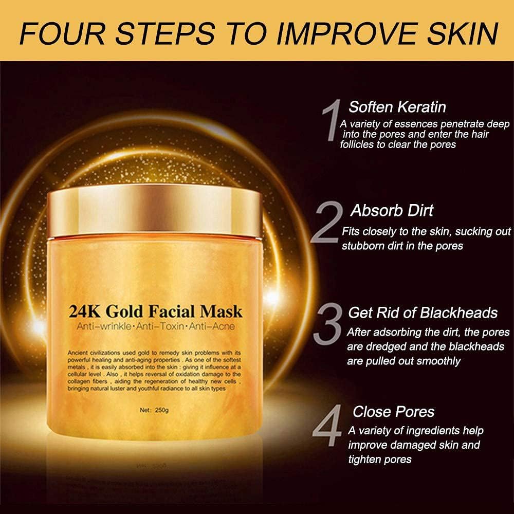 Chenkxin 24K Gold Facial Mask, Gold Peel Off Mask, Rejuvenating Collagen Face Mask For Flawless Skin, Reduces Fine Lines & Wrinkles, Clears Acne, Minimizes Pores, Moisturizes & Firms Up Your Skin, 250g