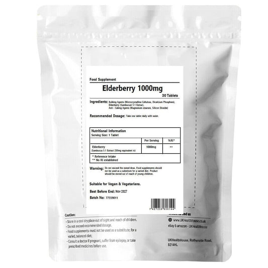 UKHealthHouse Elderberry Sambucus 5:1 Extract 1,000mg x 30 Tablets General Wellbeing Support Herbal Supplements for Men & Women Vegan Pills Tablet not Capsules