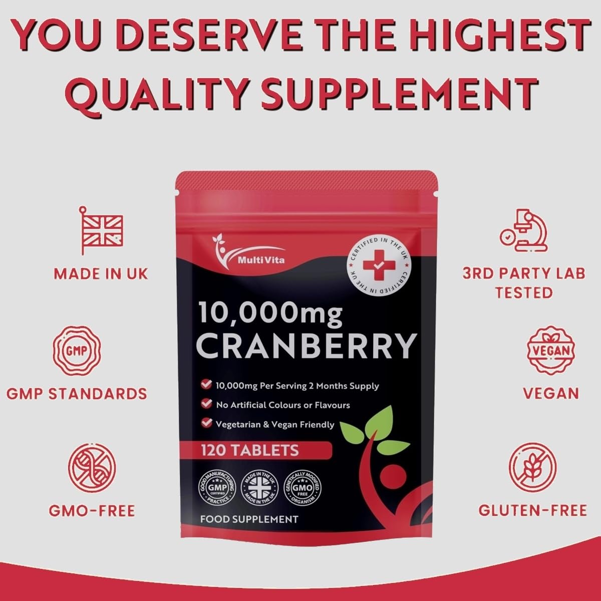 Cranberry Tablets 10,000mg 120 Vegan Tablets 2 Months Supply - High Strength Supplement for Women and Men Cranberry Extract for Urinary Tract Bladder and Kidney Support (not Capsules) UK Made GMO Free