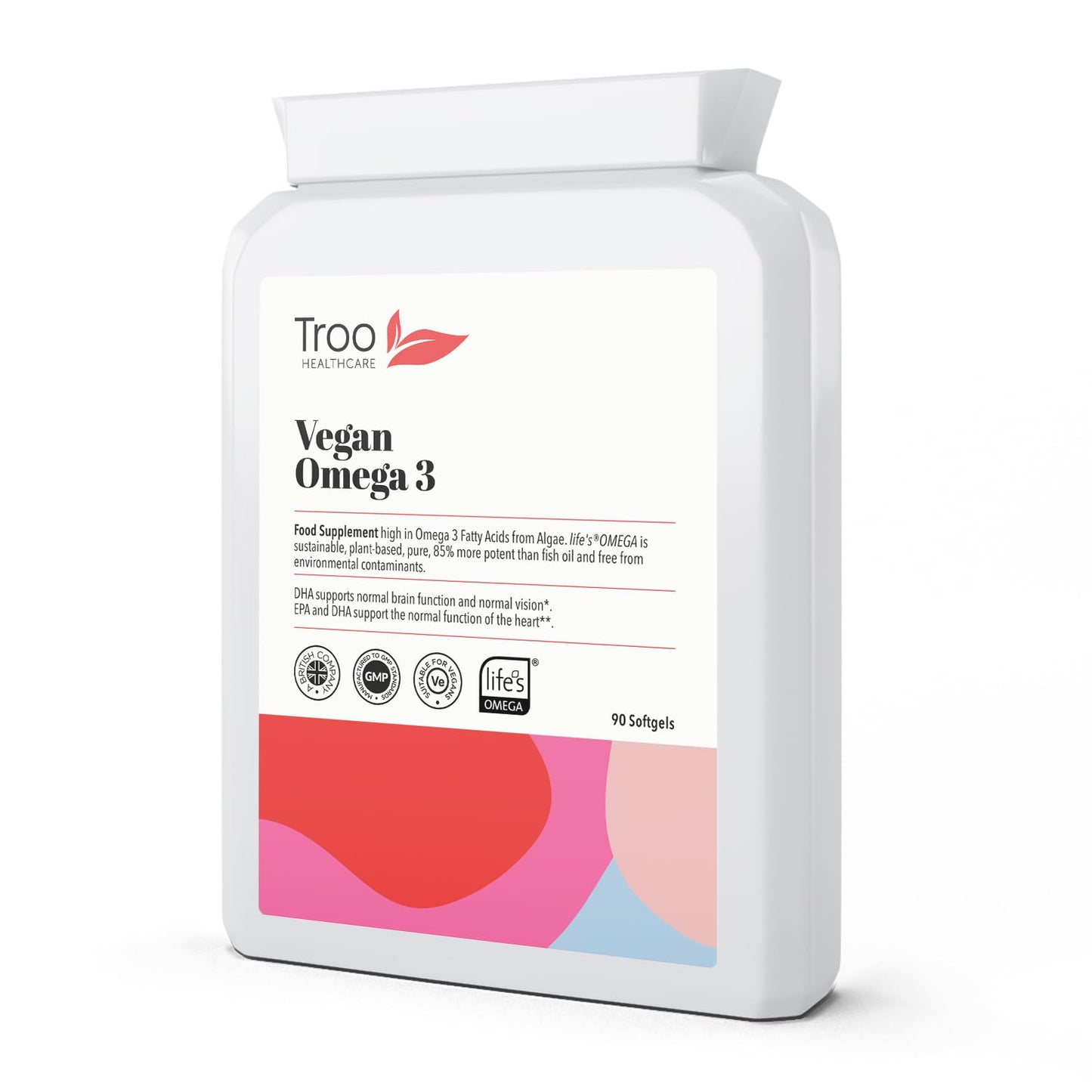 Troo Health Care Vegan Omega 3 Algal Oil 1332mg Per Serving - Provides 732mg Omegas Including a Minimum of 400mg DHA & 200mg EPA - Sustainable Plant Source Omega Oil Softgels - 90 Capsules - UK Made