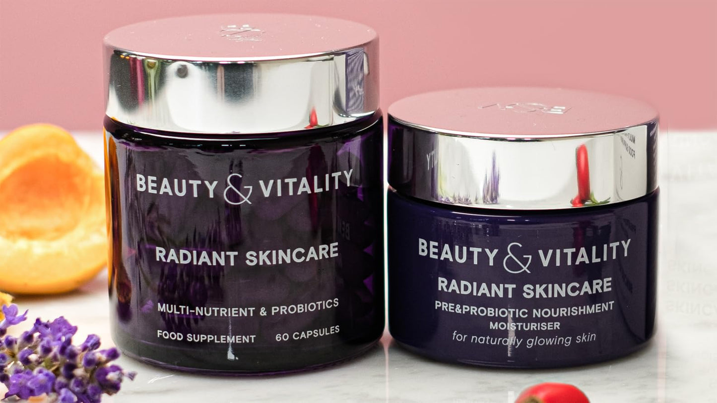 Beauty & Vitality Radiant Skincare Kit for Menopausal Skin - Probiotic Moisturiser (50ml) and Supplements (60 Capsules) for Inside-Out Rejuvenation.