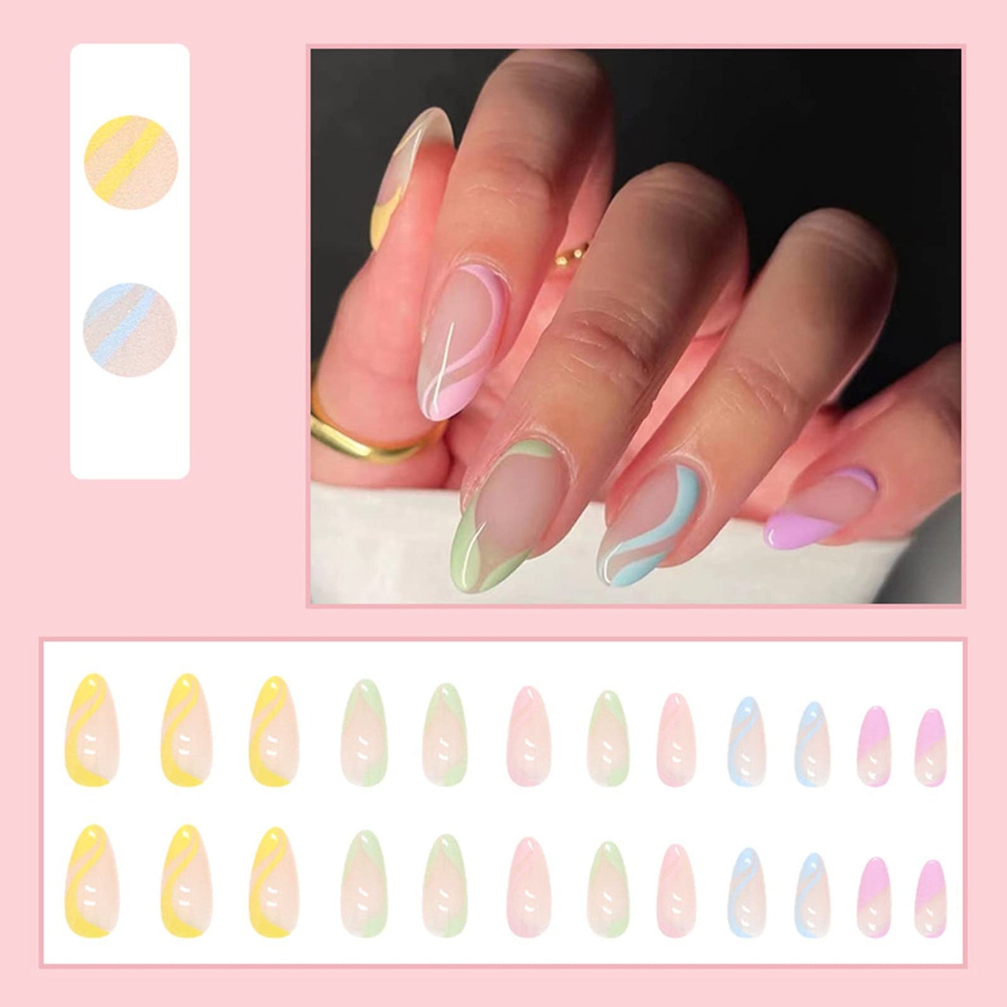 JUSTOTRY 24 Pcs Rainbow Almond Short False Nails,French Tip Press on Nails with Wavy Pattern,Pastel Fake Nails Medium,Oval Stick on Nails for Women Nails Art