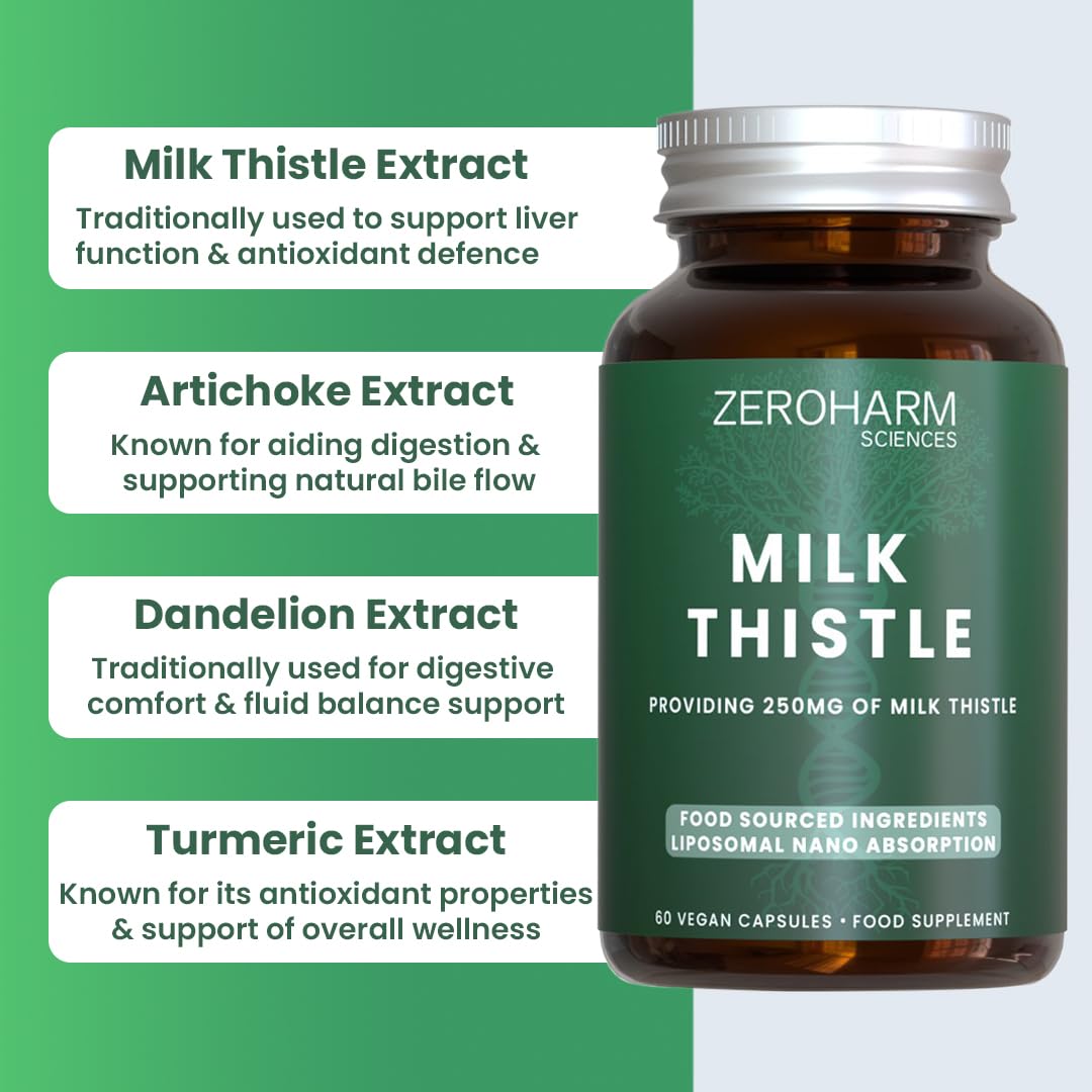 ZEROHARM Milk Thistle Capsules– Liver Support & Detox Supplement with Artichoke, Dandelion & Turmeric – Liposomal Nano Absorption - High Strength Herbal Supplement for Men & Women– 60 Capsules