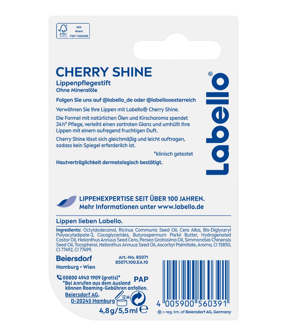 Labello Cherry Shine Lip Balm with Soft Red Shine and Shimmer Pigments and Cherry Flavours, Lip Care without Mineral Oils