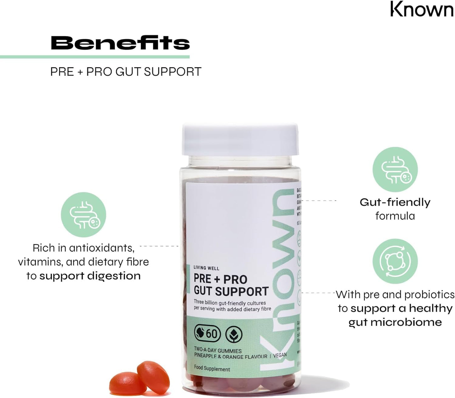 Known Probiotics for Gut Health - Prebiotic & Probiotic Support Gummies | Pineapple & Orange Flavour | 60 Two-a-Day Vegan Vitamin Gummies (One Month’s Supply)