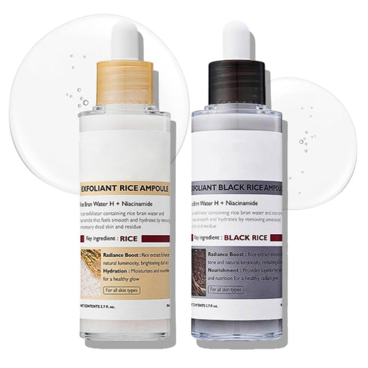 Rice Ampoule Duo, White + Black Rice Ampoule, Face Exfoliator Rice Toner, Gentle Exfoliating Face and Body Scrub Dead Skin Cells, Blackheads Remover, 80ml+80ml