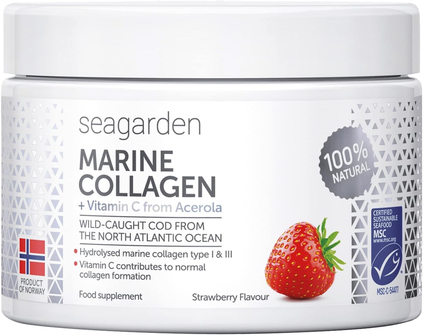 Seagarden Marine Collagen Powder + Vitamin C | Collagen Peptides Powder (Type I & III) | Wild-Caught Arctic Cod | Collagen Supplements| Skin, Hair, Nails, I Strawberry Taste I 150g
