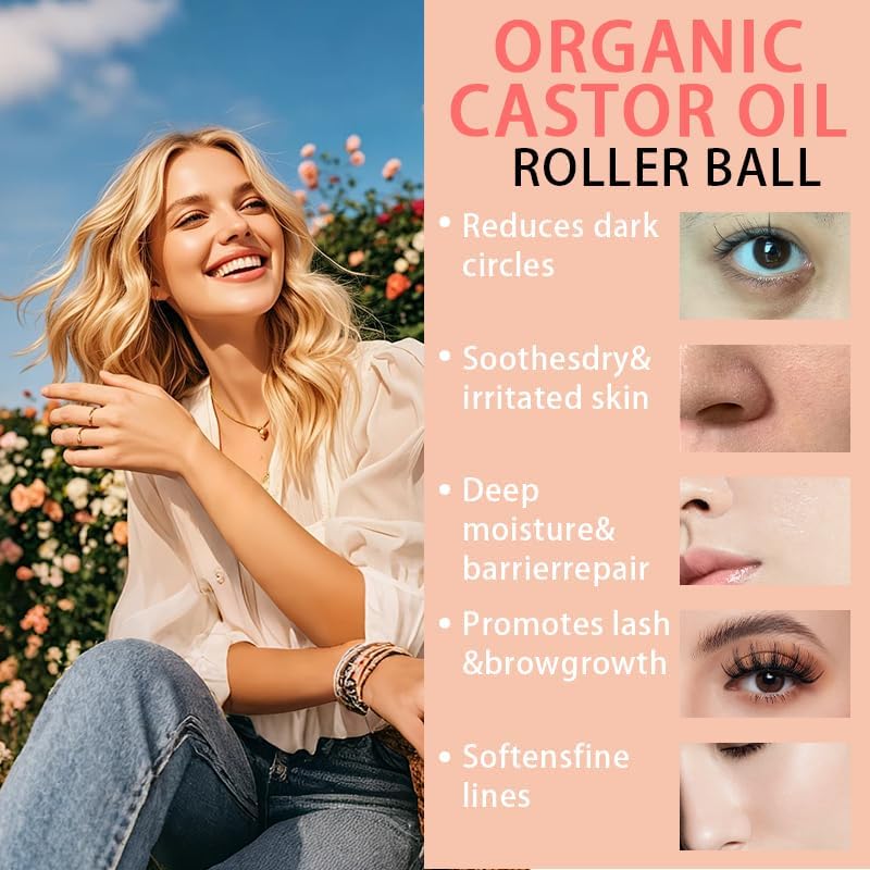 Generic Organic Castor Oil with Rose Quartz Roller, 50ml Organic Castor Oil Roll On, Natural Ingredients, Gently Nourishes Skin, Deep Hydration & Smoothing, for Belly, Face, Body, 1.7 fl oz