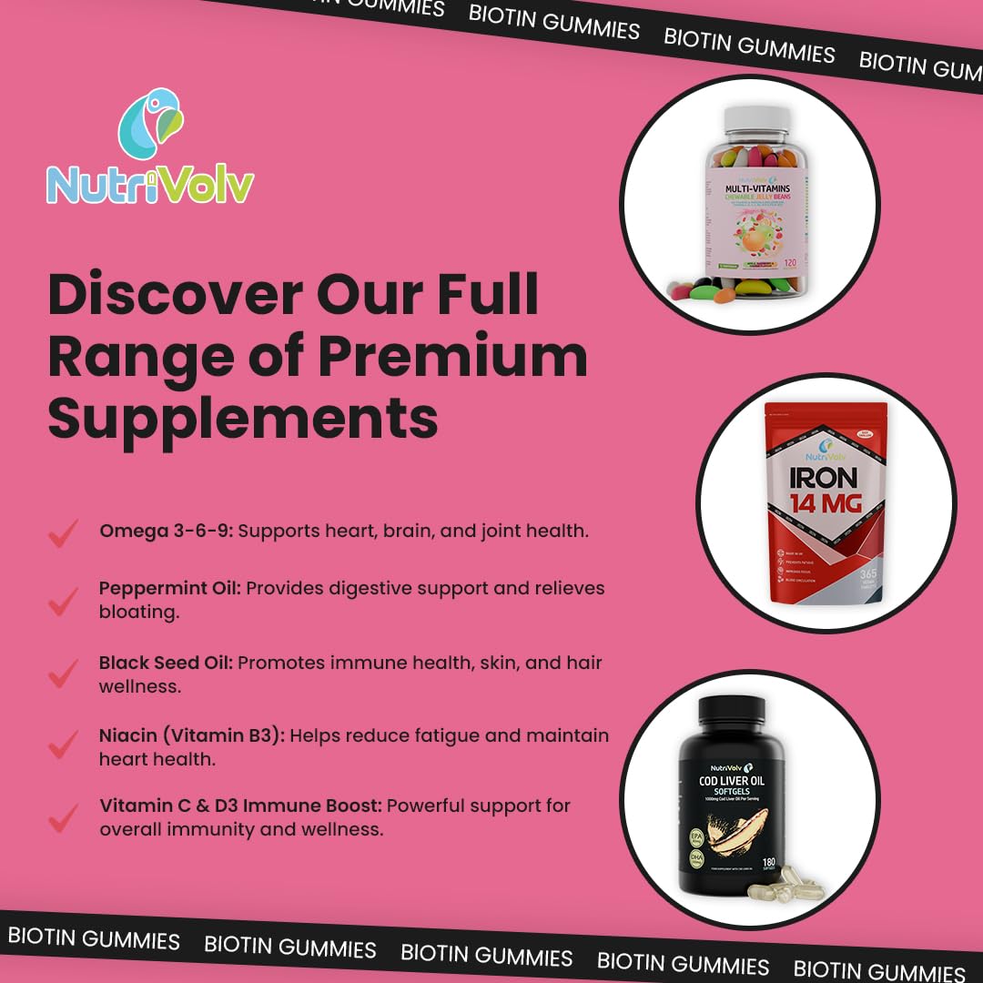 Nutrivolv Biotin Gummies 10,000mcg | 60 Vegan Gummies | 60 Day Supply | for Hair Growth & Skin & Nails Health | Natural Peach Flavour | Vitamin B7 Gummies | Gelatine Free | Sugar Free | Non-GMO | by NutriVolv