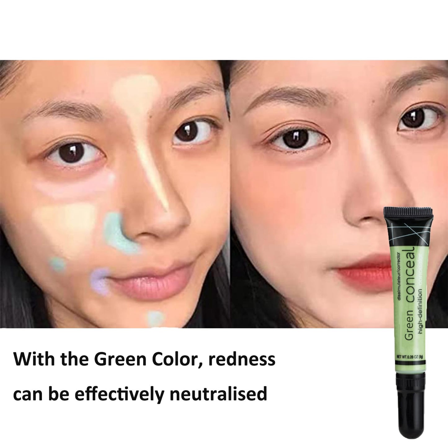 OKAQEE Green Full Coverage Concealer - Waterproof Dark Circles and Blemish Concealer - Long Lasting Corrector Concealer (Green)