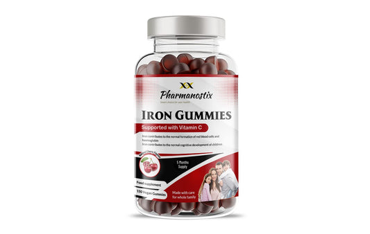 Pharmanostix Iron & Vitamin C Vegan Gummies - 150 Natural Cherry Flavour Gummies -Tasty Alternative to Iron Tablets -for Men, Women and Kids - Supports Cognitive Development & Red Blood Cell Formation