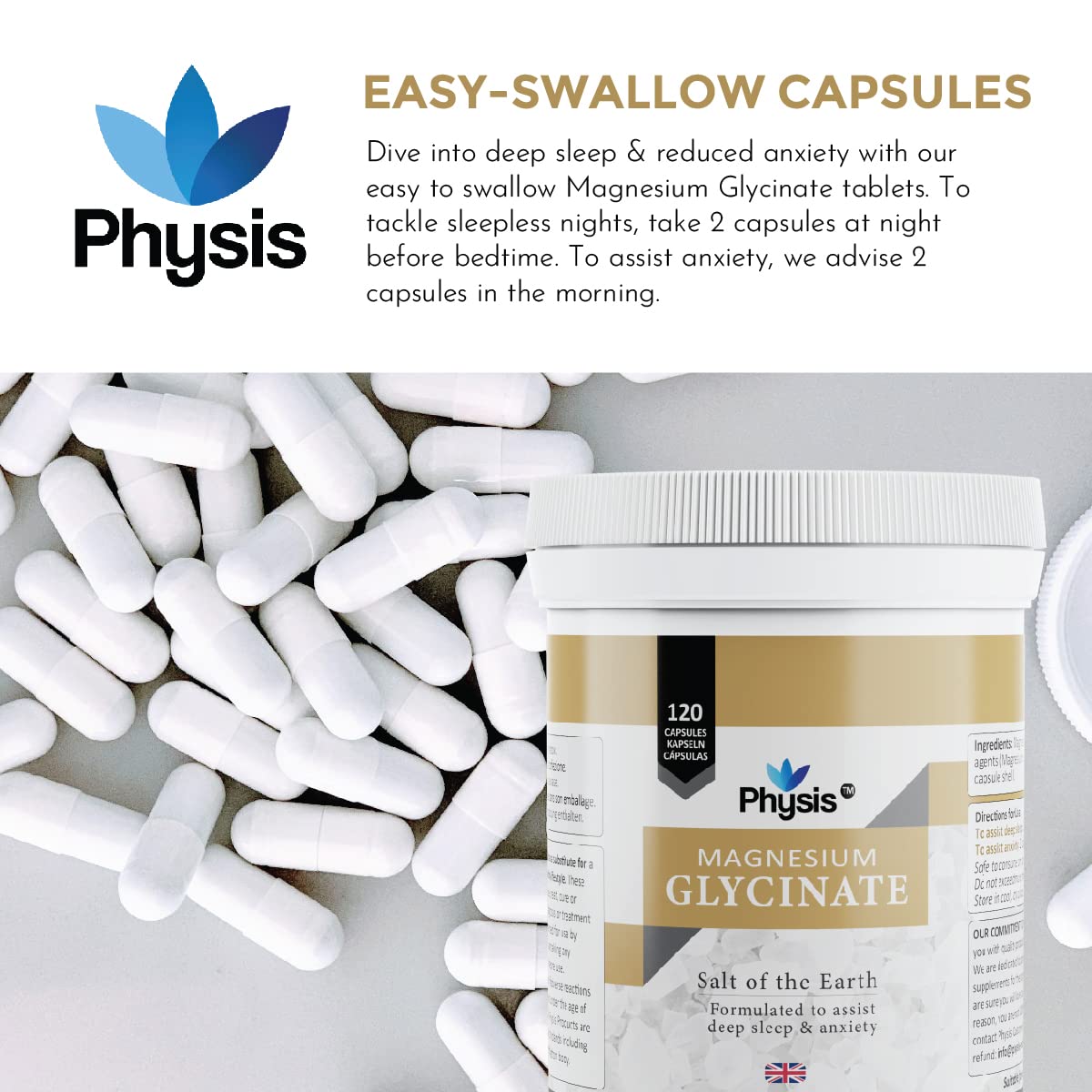 Physis Magnesium Glycinate | 120 Tablets | Vegan Magnesium Supplements for Sleep | 200mg - 400mg Daily | Non GMO, Dairy & Gluten Free | Helps Sleep & Anxiety Assist | High Bioavailability