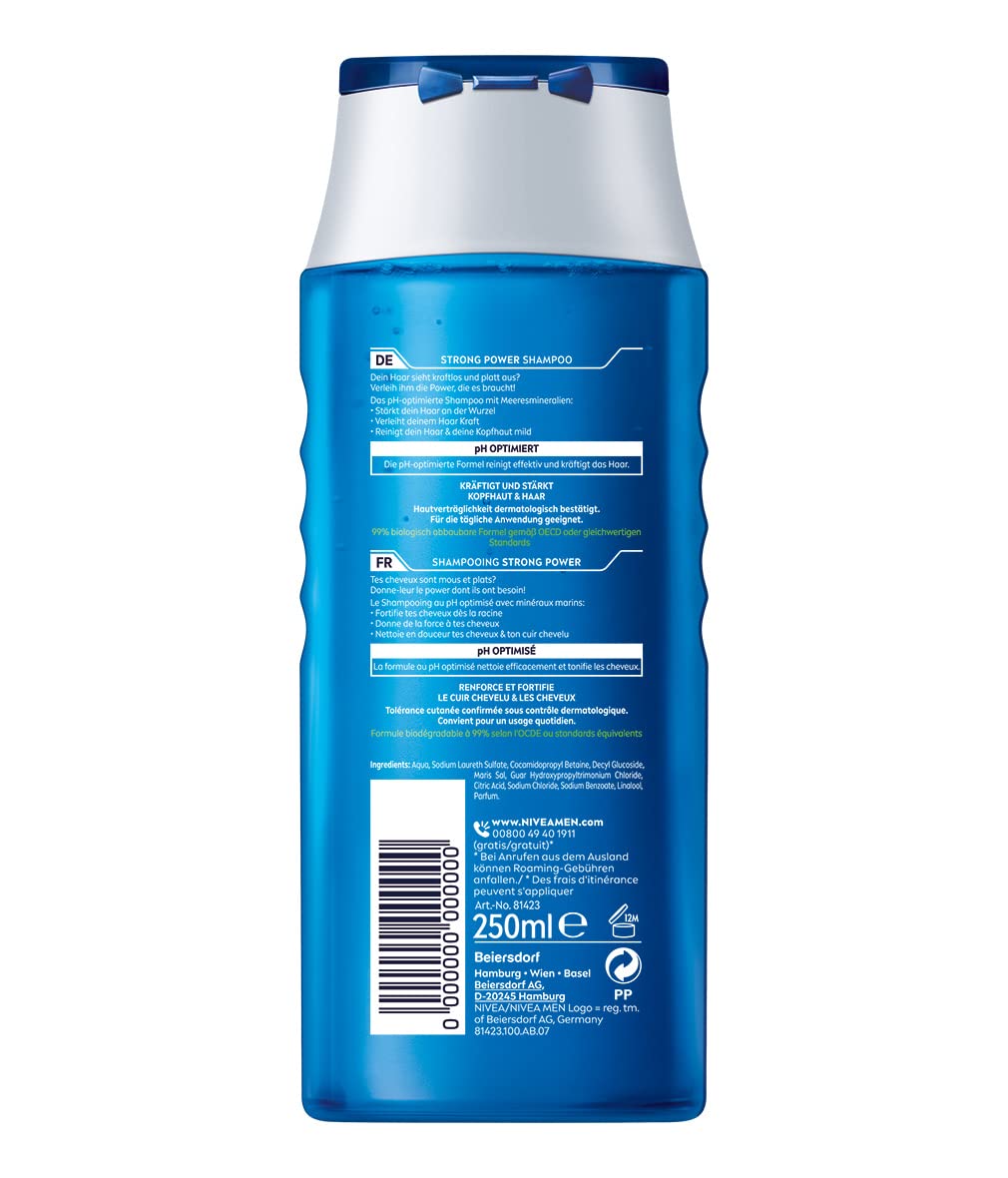 NIVEA MEN Strong Power Shampoo, kräftigendes Haarshampoo ohne Silikone und Mikroplastik, Männer Shampoo mit Meeresmineralien und pH-optimierter Formel (250 ml)