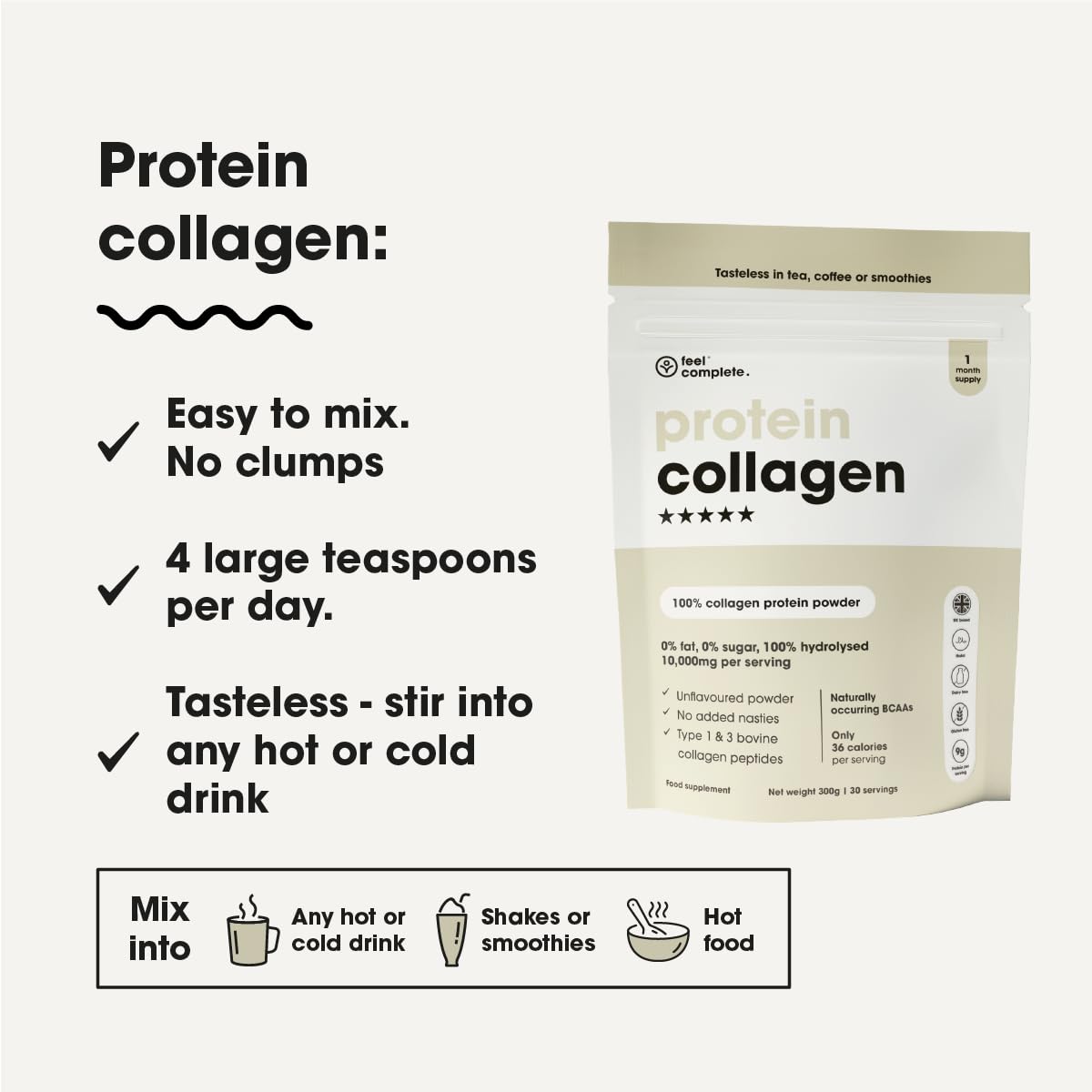 Feel Complete - High Protein Collagen - Premium Type 1 & 3 Hydrolysed Bovine Collagen - Halal - Skin, Hair & Nail - Includes Amino Acids - 300g