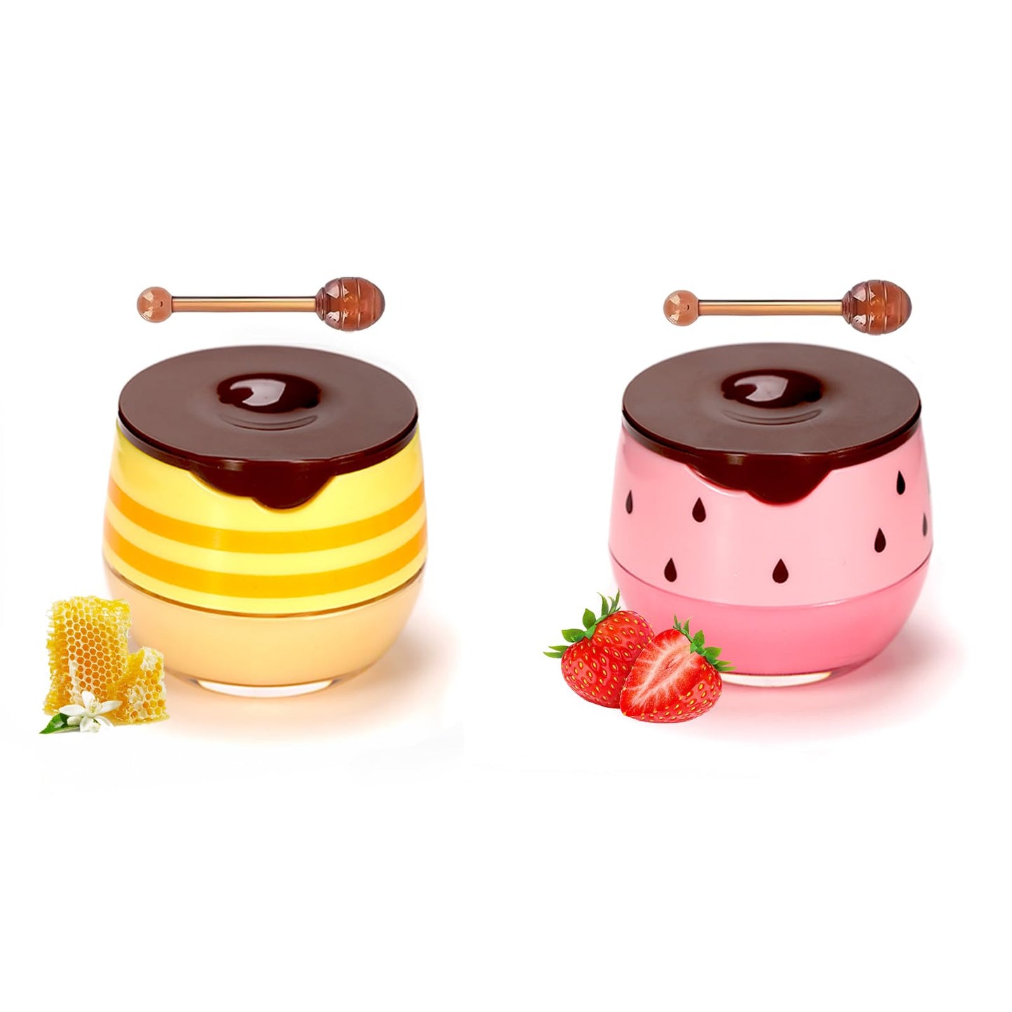 Anmahe 2 PCS Bee Balm, Honey Lip Balm Moisturizing Skincare Lip Mask with Lip Brush, Honey Balm, Lip Sleeping Mask for Lip Care Repair Prevent Dry Crack Lip Line Reducing (Honey+Strawberry)