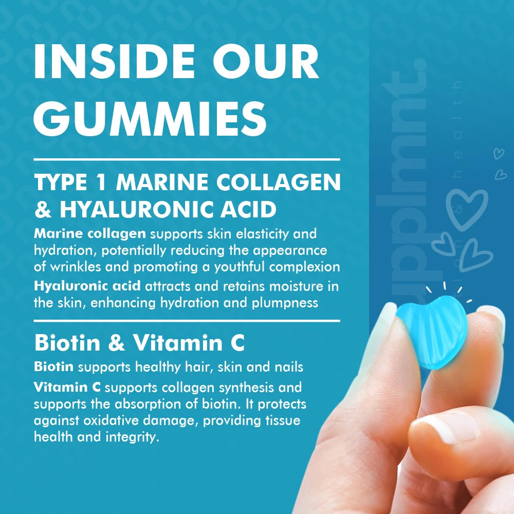 Marine Collagen Gummies - Hydrolysed Collagen Peptides with Biotin, Hyaluronic Acid & Vitamin C - Collagen Supplements for Women and Men - 120 Gummies. Collagen for Skin, Hair & Nails 2 Months Supply