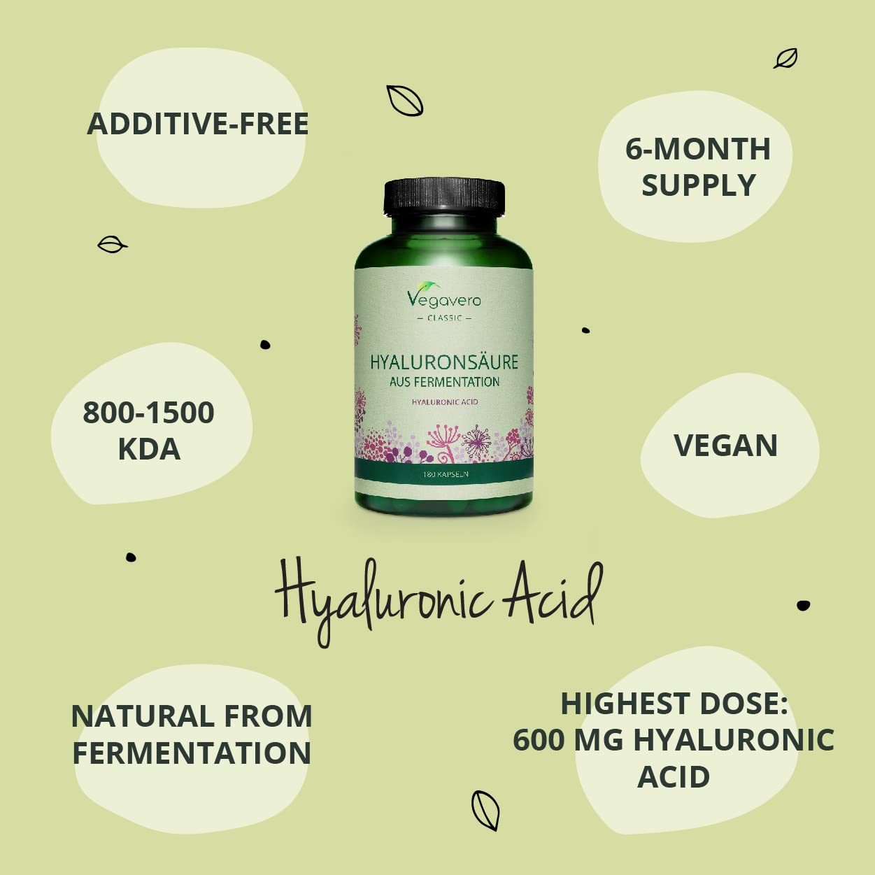 Hyaluronic Acid Supplements Vegavero® | NO Additives, Lab-Tested | High Strength 600mg with 800-1500 kDa | 180 Hyaluronic Acid Capsules (6 Months) | Vegan