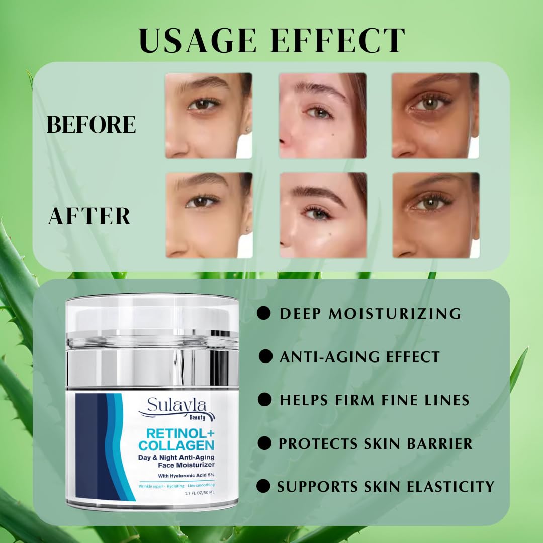 Sulayla Beauty Retinol+ Collagen Day & Night Anti-Aging Face Moisturizing Cream with 5% Hyaluronic Acid & Vitamin E | The Best Anti Aging Cream to Reduce Wrinkles & Age Spots for Women