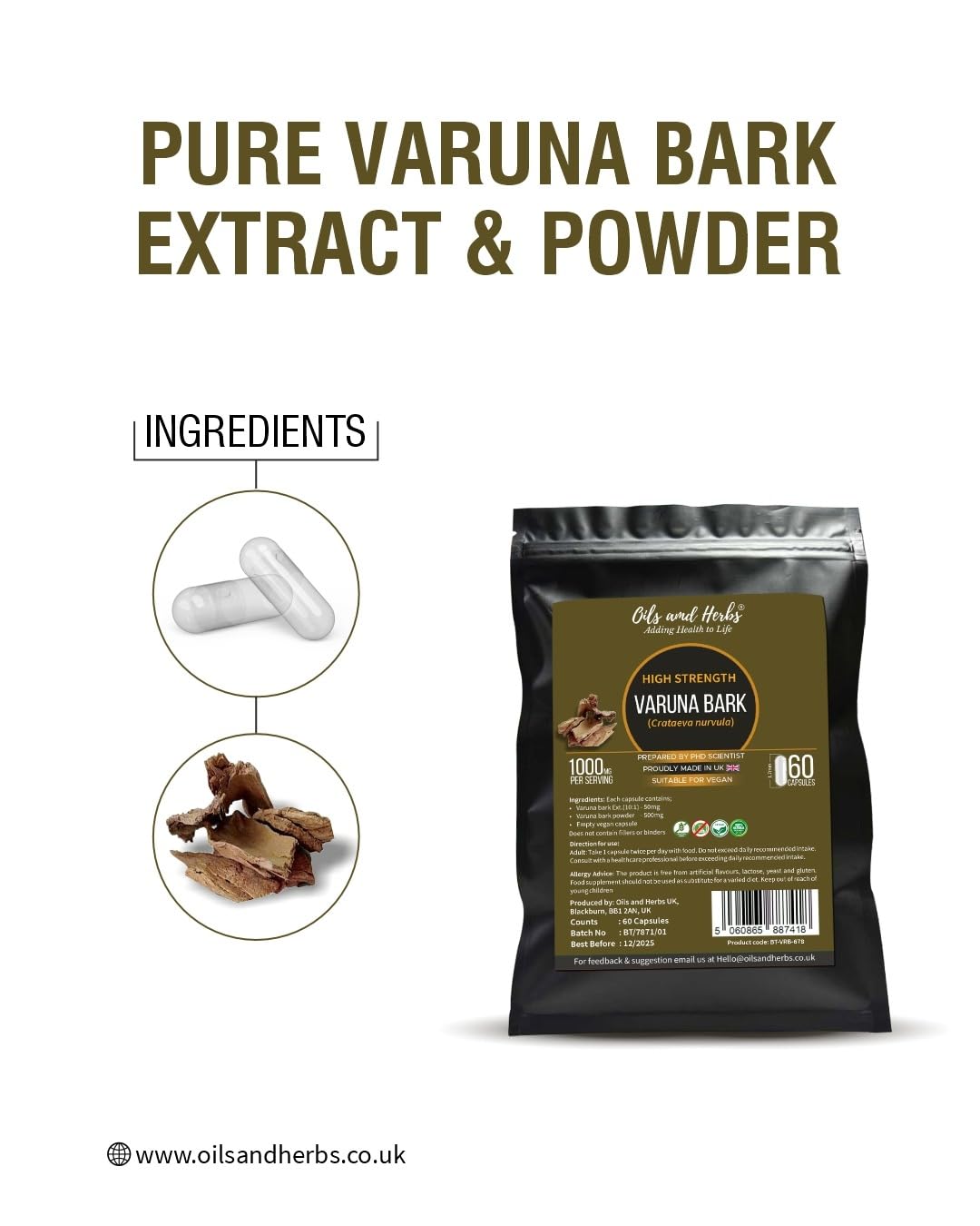 High Strength Varuna Bark Capsule- 1000MG- No fillers or Binders- Made in UK- Prepared by Phd Scientist