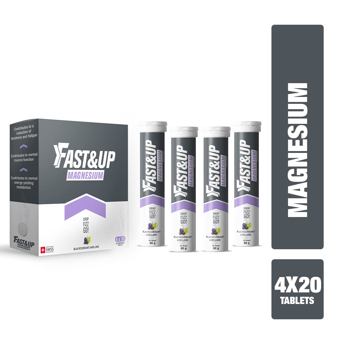 FAST&UP Fast&Up Magnesium - 300mg Magnesium & 10mg Zinc - Saver Multipack - 80 Tablets (4 x 20) - Tasty Blackcurrant & Lime Flavour