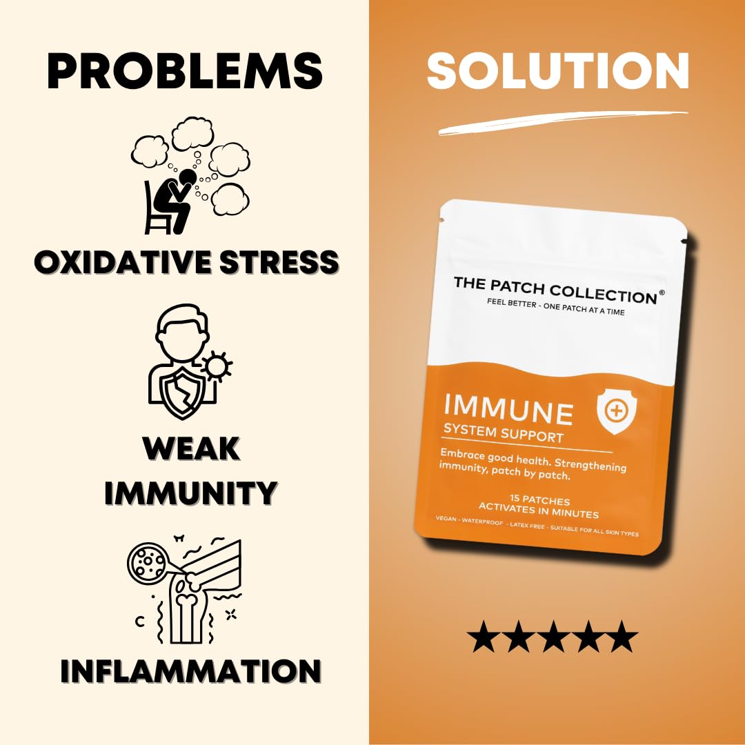 The Patch Collection® - High Strength Immune System Support Boost Patch | 6-in-1 Complex with Vitamin C, D, B12, Zinc, Turmeric, Elderberry, Ginkgo Biloba, Echinacea | Vegan & Latex Free (Pack of 15)