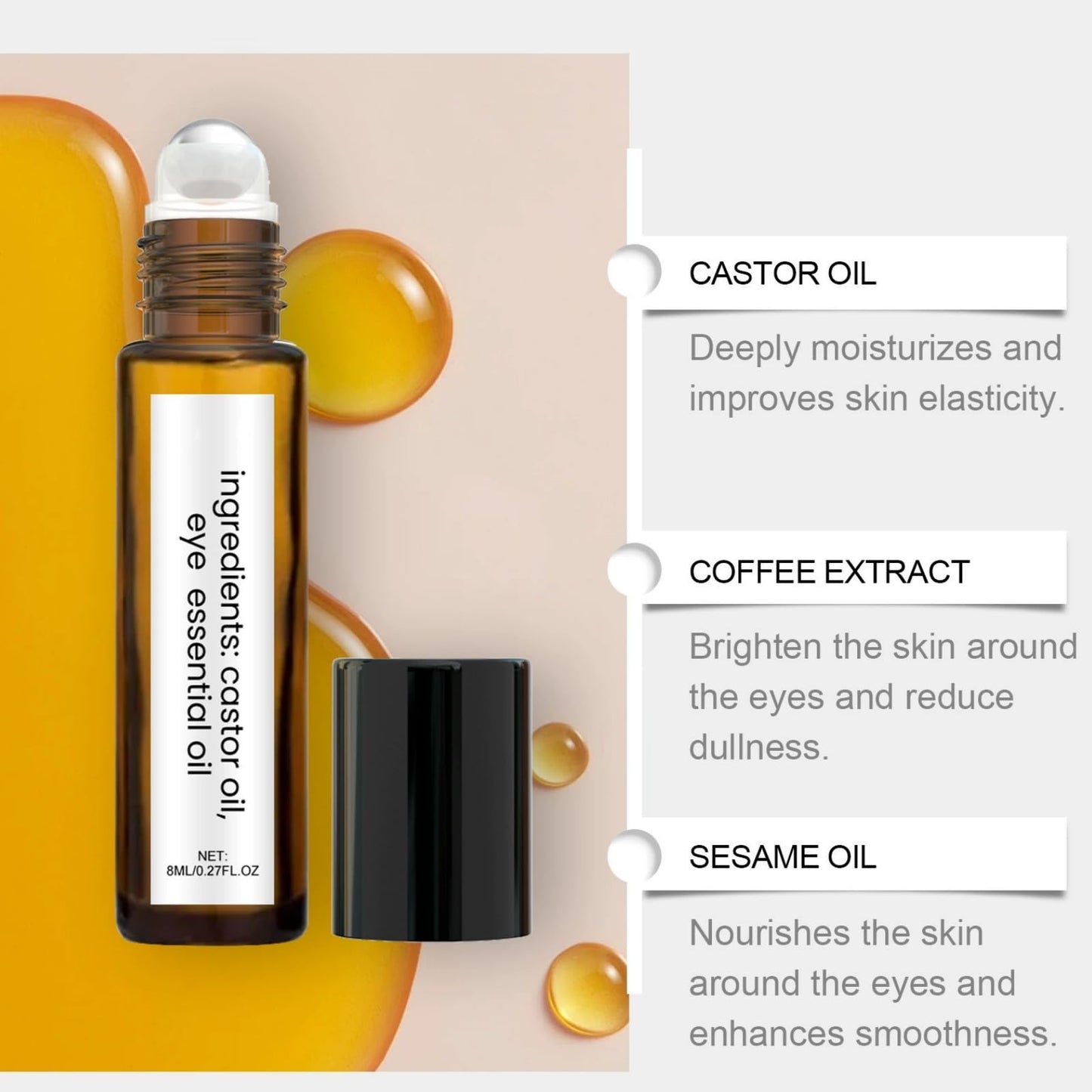 Castor and Frankincense Rollerball Eye Cream for Dark Circles, Puffy Eyes - Anti-Aging Eye Care with Castor Oil