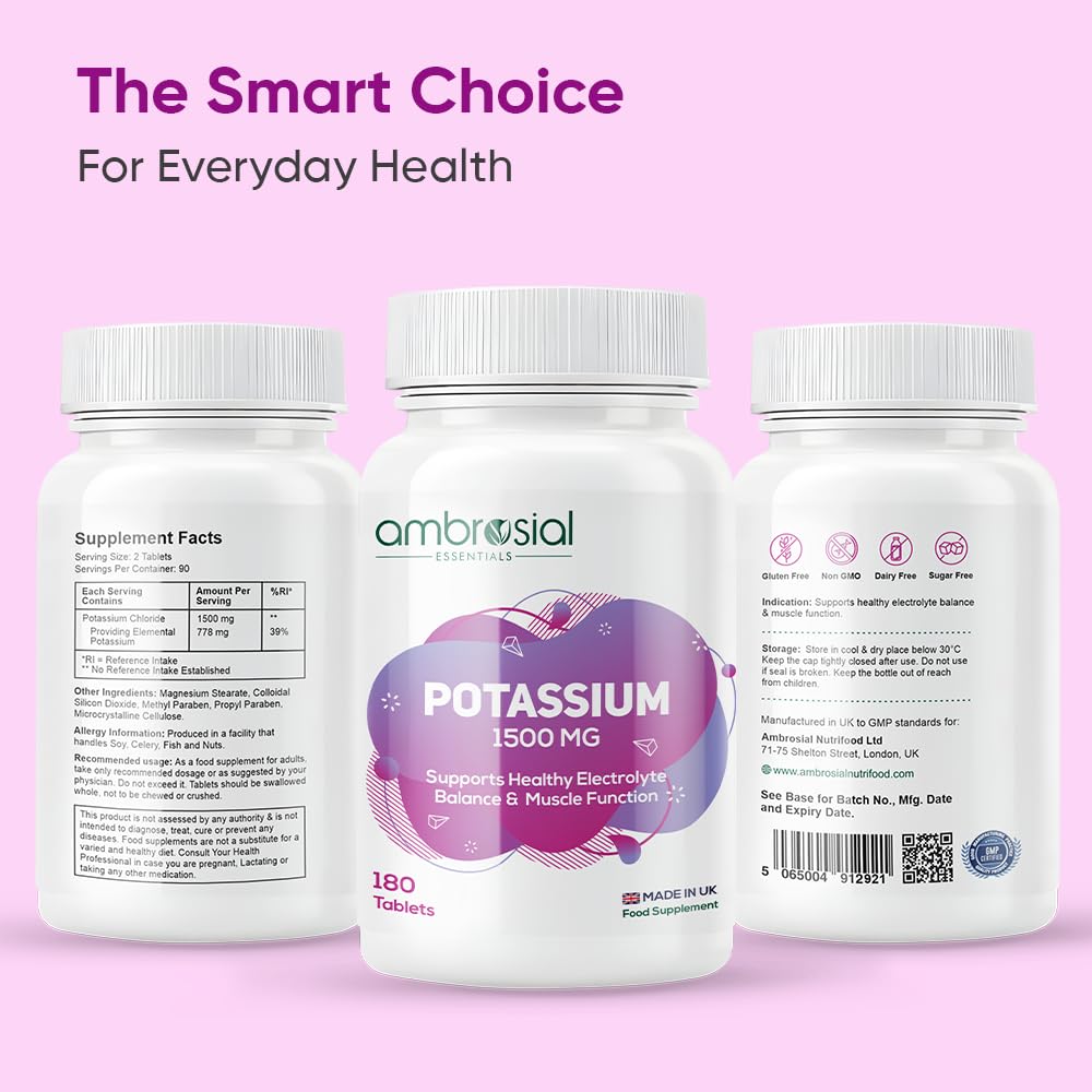 AMBROSIAL Ambrosial Potassium Chloride 1500 mg – High Strength Potassium Supplement – 778 mg Elemental Potassium – Daily Mineral Support for Muscle, Nerve & Balance – UK Made, GMP Certified – 180 Tablets