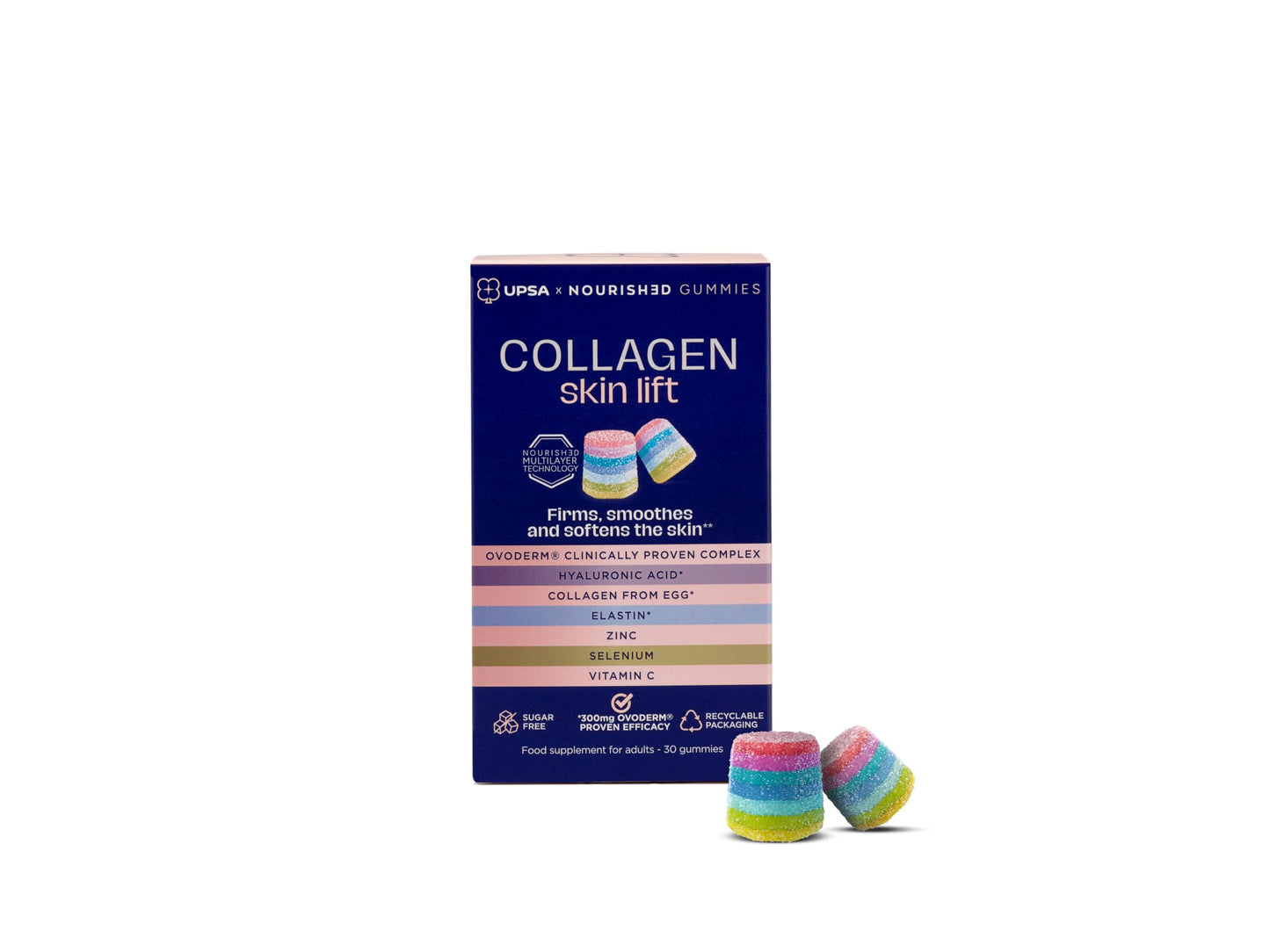 UPSA USPA x Nourished 7-in-1 Skin Lift Collagen Gummies for Women - Vegetarian Collagen, Ovoderm® Complex, Vitamin C, Multivitamins, Fibre - Collagen Supplements Skin Firmness and Smoothness - 30 Gummies