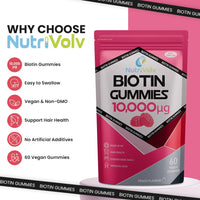 Nutrivolv Biotin Gummies 10,000mcg | 60 Vegan Gummies | 60 Day Supply | for Hair Growth & Skin & Nails Health | Natural Peach Flavour | Vitamin B7 Gummies | Gelatine Free | Sugar Free | Non-GMO | by NutriVolv