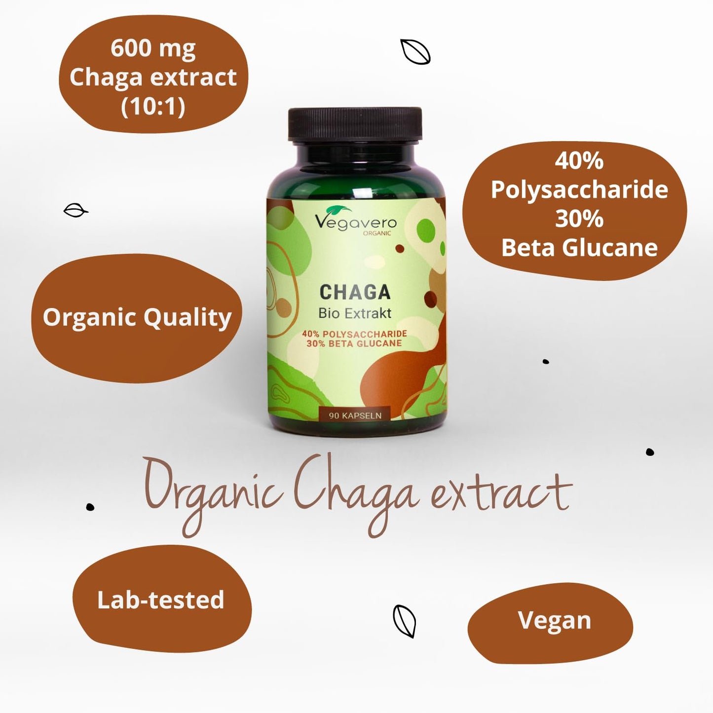 Organic Chaga Mushroom Extract Vegavero® | NO Additives | 600mg (10:1) with 40% Polysaccharides and 30% Betaglucans | 90 Capsules | Vegan