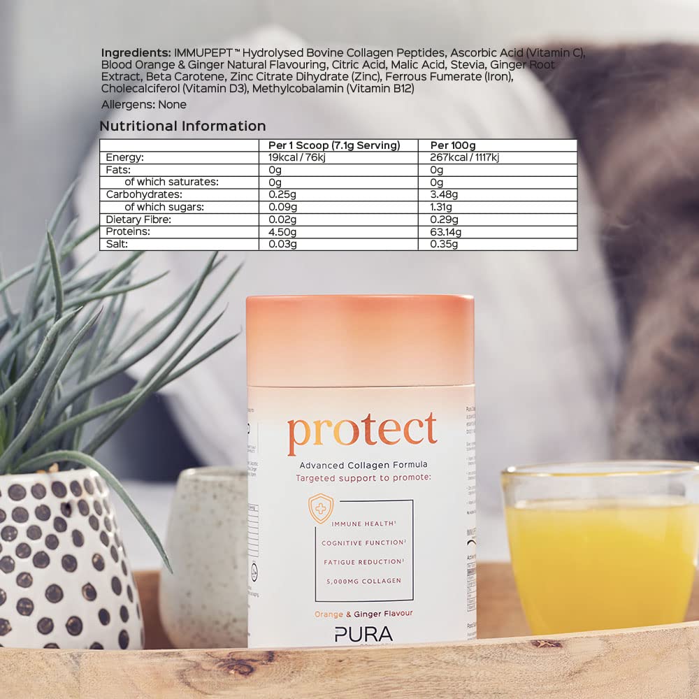 Pura Collagen Powdered Supplement (Protect) 5,000mg Bioactive Collagen PeptidesĀ® with Added Vitamin B12, Vitamin D3 and Natural Ginger Root Extract
