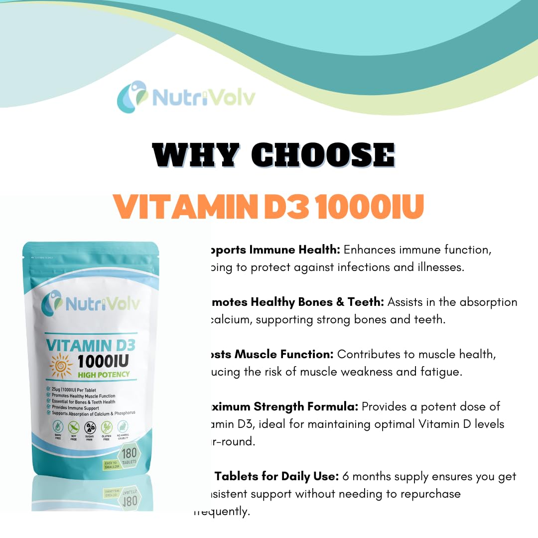 Nutrivolv Vitamin D 1000IU | 1 Year Supply | 365 Easy-Swallow Vitamin D3 Vegetarian Tablets | High Strength | Immune & Bone Support Supplement | General Health & Wellbeing | 25µg