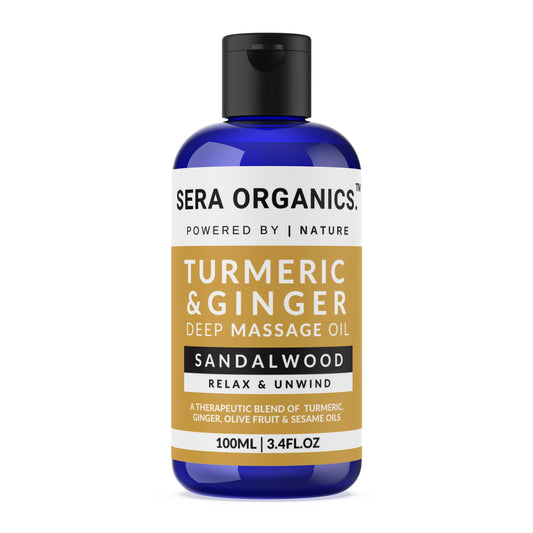 Turmeric & Ginger Massage Oil - Soothing All Natural Oil Blend For Lymphatic Drainage, Nerve, Muscle & Joint Discomfort Relief, Warming & Relaxing Massage - Sandalwood (100ml) UK Made By Sera Organics