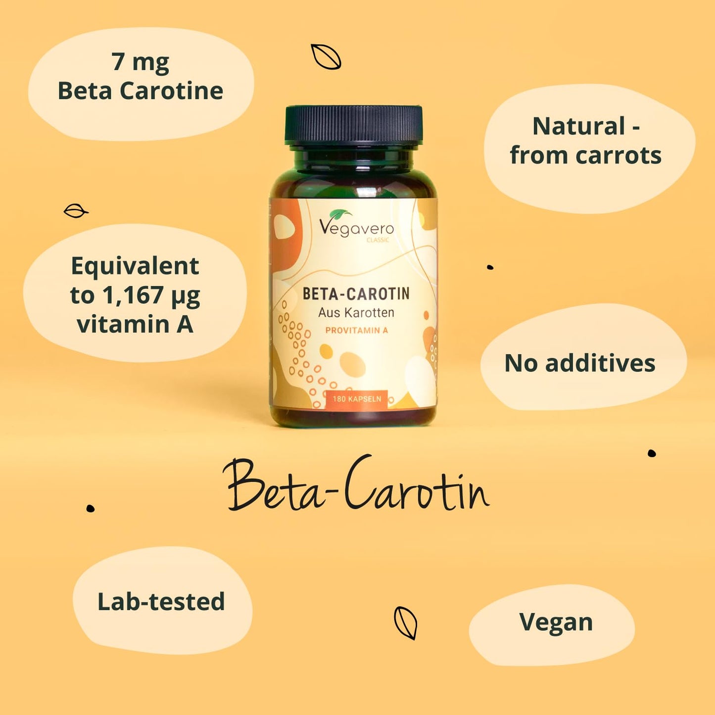 Beta Carotene Vegavero® | 180 Capsules | Tan Accelerator | 100% Natural Source of Vitamin A | NO Additives, Lab-Tested | Vegan