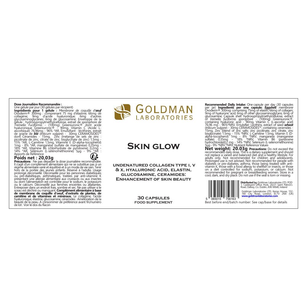 Goldman Laboratories Skin Glow Collagen Supplement Capsules, 30 Capsules, Containing Collagen Type I, V, Hyaluronic Acid, Elastin, Ceramides