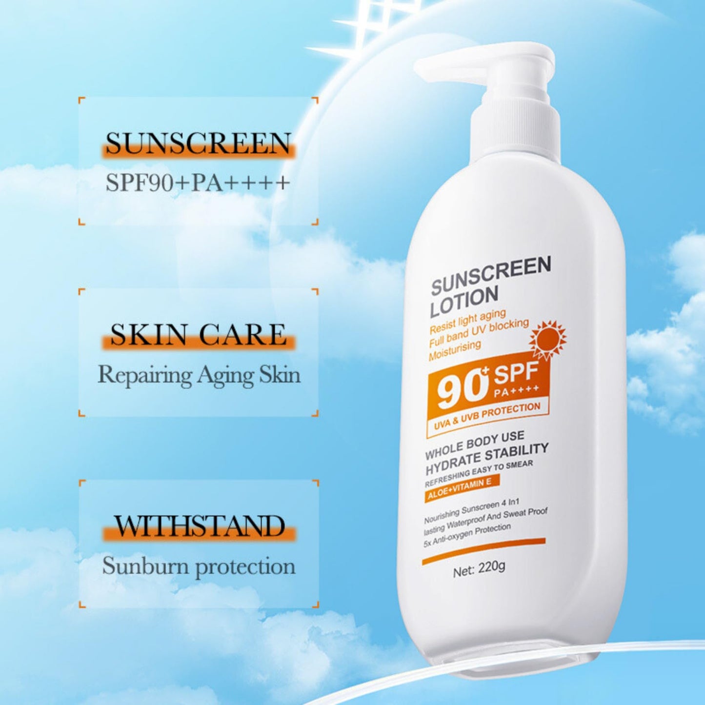 Trendyfave Sunscreen SPF 90+, Face Sunscreen SPF 90, Large-capacity Body Sunscreen, Sun Cream SPF 90 PA+++, Ultra Light UV Protetion, Water & Sweat Resistant, Moisturizing & Non Greasy 220g