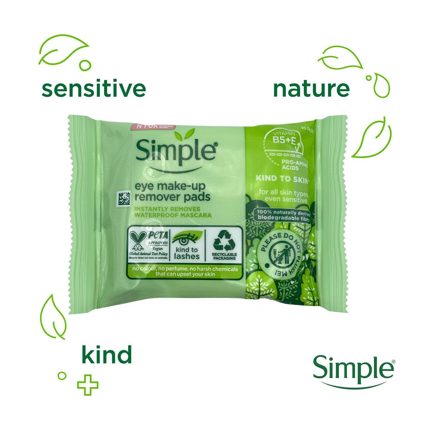 2 PACKS =60 Pads of Simple Kind to Eyes Eye Make-Up Remover Pads