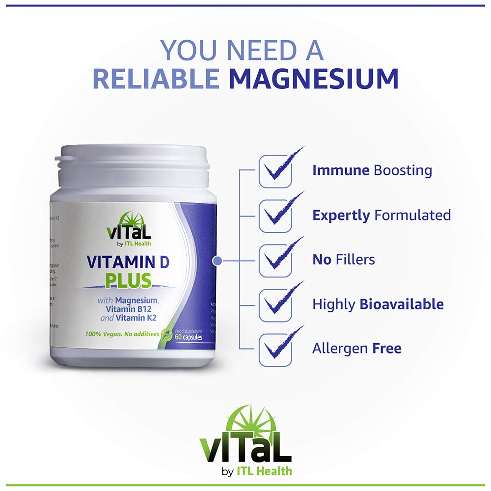 MAG365 Vegan Vitamin D Plus - Enhanced with Magnesium, Vitamin B12, Vitamin K2 - Supports Weight Management & Mood Enhancement - 100% Vegan, Gluten-Free, Non-GMO - 60 Capsules